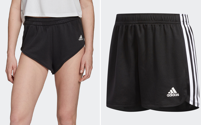 Adidas Womens Hyperglam Mini Shorts and Kids 3 Stripes Mesh Shorts