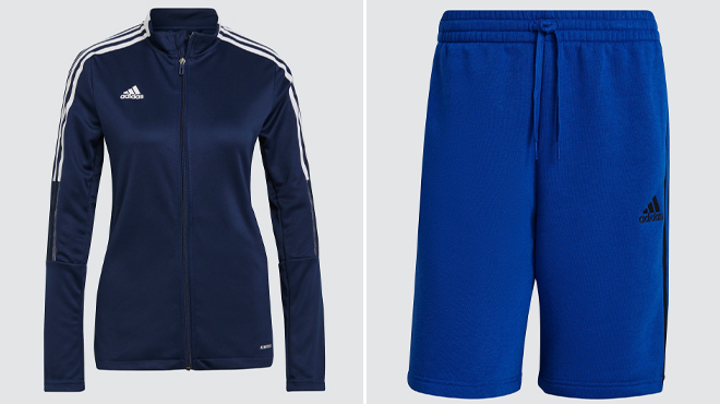 Adidas Womens Tiro 21 Track Jackets and Adidas Mens Essentials Fleece 3 Stripes Shorts