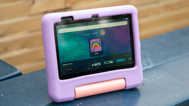 Amazon Fire 7 Kids Edition Tablet in Purple on a Table