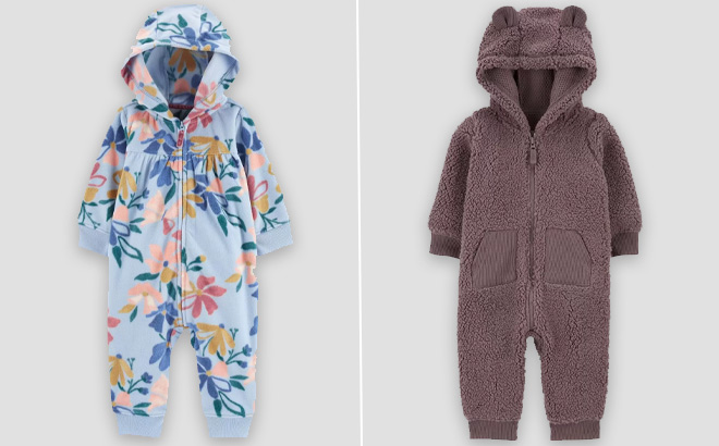 Baby Floral Fleece Jumpsuit on the Left Side and Baby Bear Sherpa Jumpsuit on the Right Side