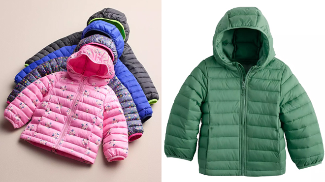 Two Photos of Kids' Jumping Beans Puffer Jackets in Five Different Colors
