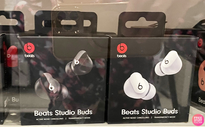 Beats Studio Buds in Black and White on a Shelf