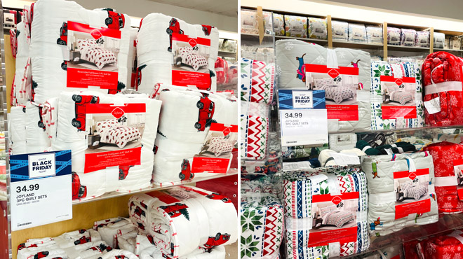 Two Photos of Joyland 3-Piece Quilt Sets on Display at Belk