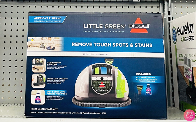 Bissell Little Green Portable Carpet Cleaner on a Shelf at a Store