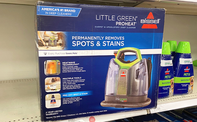 Bissell Little Green ProHeat Portable Carpet Cleaner on a Shelf