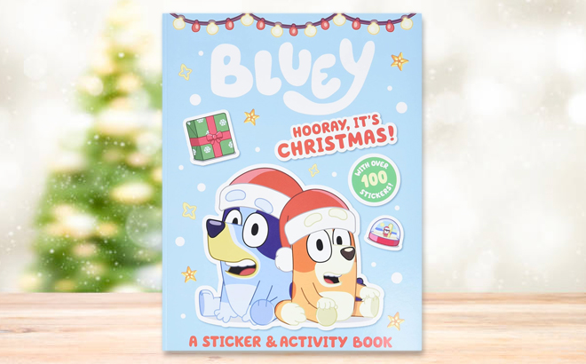 Bluey Hooray Its Christmas Sticker Activity Book on a Table