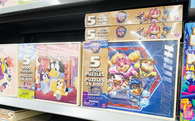 Bluey and Paw Patrol 5 Pack of Wood Jigsaw Puzzles in Storage Box