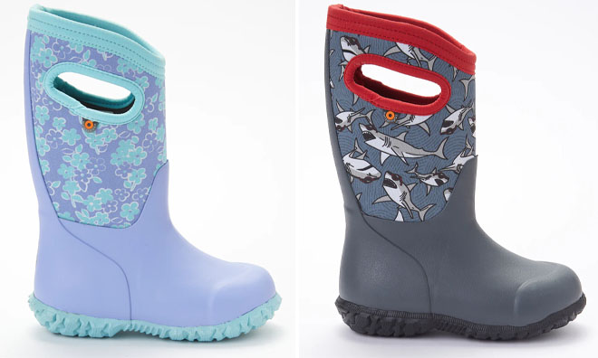Bogs Kids Rain Boots Lavender Teal Floral Color and Dark Gray Red Sharks Color