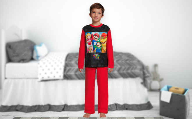 Boy is Wearing Super Mario Bros Licensed Character Long Sleeve Top and Pants