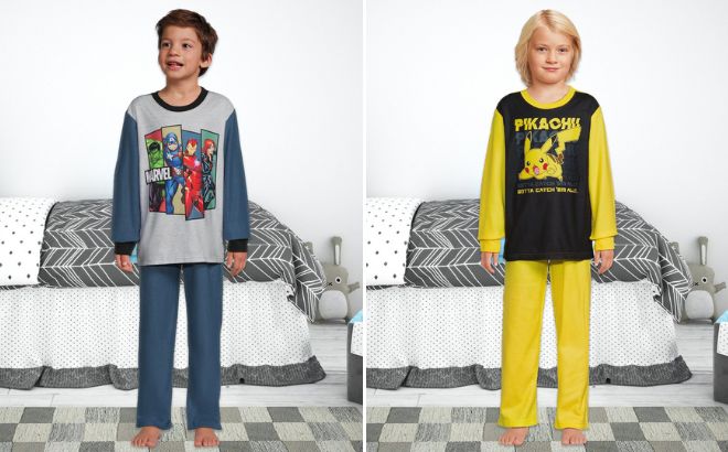 Boys are Wearing Licensed Character Long Sleeve Top and Pants in Marvel and Pokemon Style