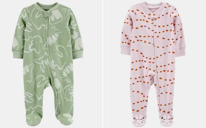 Carters Baby Boys Sleep and Play in Green Dino Color and Carters Baby Girls Sleep and Play in Purple Color