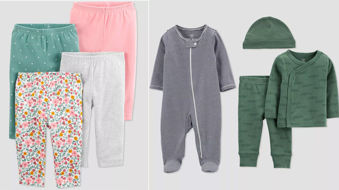 Carters Baby Girls 4 pk Pull On Pants on the left and Carters Baby Boys 4 pc Alligator Print Layette Set on the right