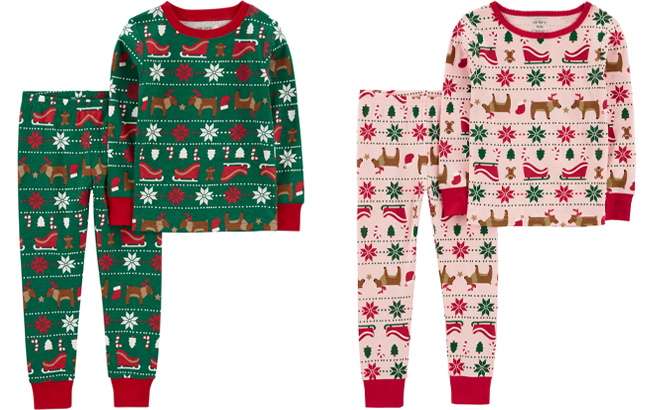 Carters Green and Red Pink Toddler 2 Piece Fair Isle Pajama Set