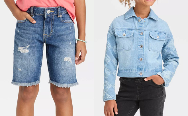 Cat Jack Girls Destructed Relaxed Bermuda Jean Shorts and Girls Quilted Sleeve Jean Jacket
