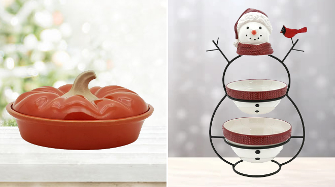 Celebrate Together Fall Harvest Figural Pie Plate and Cover and St Nicholas Square Yuletide Snowman 2 Tier Server