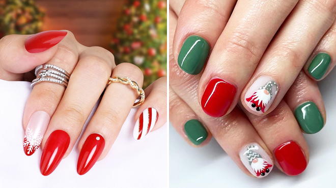 Christmas Nails with Rhinestones and Gnome Nails Christmas Nails with Rhinestones and Gnome Nails