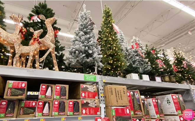 Christmas Trees and Decor on Shelves at a Walmart Store
