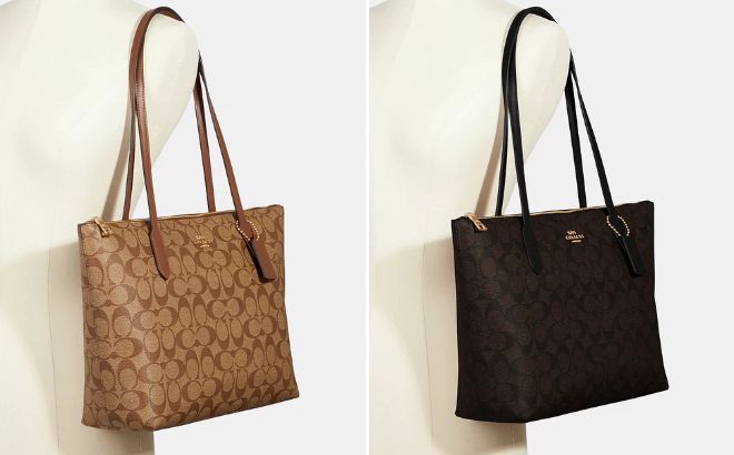 Coach Zip Top Tote In Signature Canvas in Brown Black and Khaki Colors