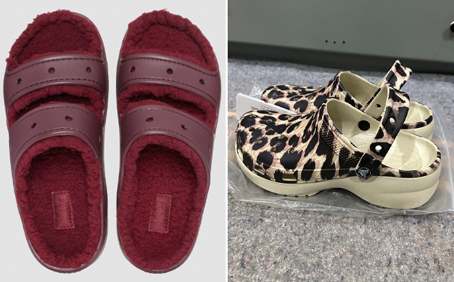 Crocs Classic Dark Cherry Cozzzy Sandals and Crocs Baya Platform Animal Print Clogs