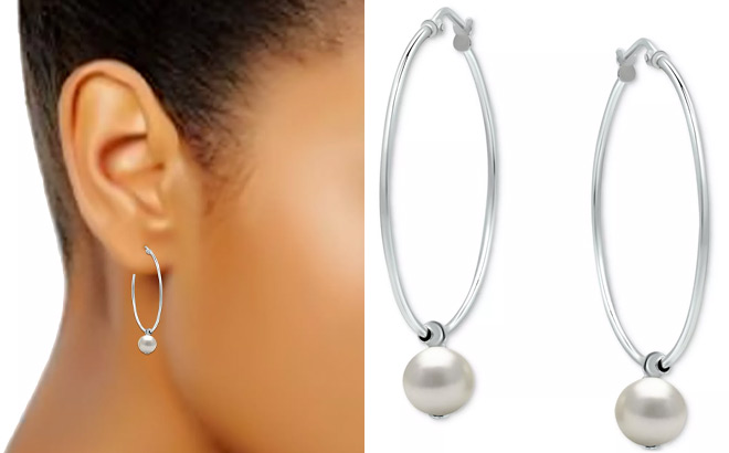 Cultured Freshwater Pearl Wire Hoop Earrings in Sterling Silver