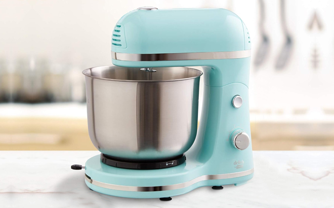 Dash 3 5 Quart Stand Mixer on a Marble Kitchen Counter in Blue Color