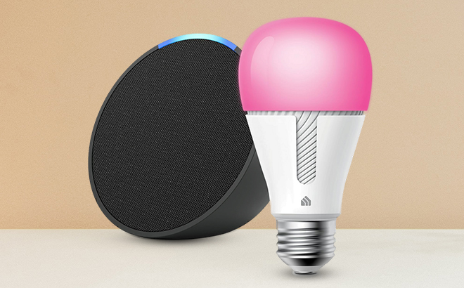 Echo Pop in Charcoa with TP Link Kasa Smart Light Bulb