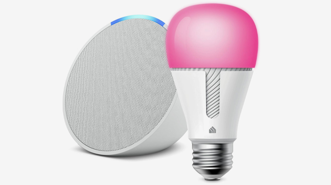Echo Pop in Glacier White with Kasa Smart Light Bulb