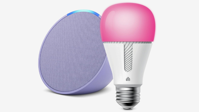Echo Pop in Lavender Bloom with Kasa Smart Light Bulb