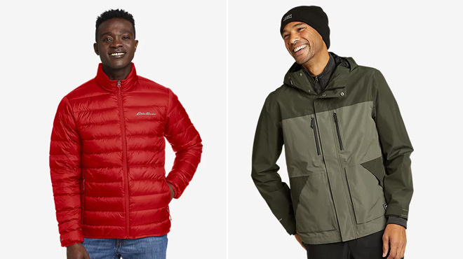Eddie Bauer Mens Down Jacket on the left and Eddie Bauer Mens Utility Jacket on the right