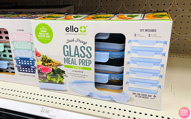 Ello 10 Piece Glass Meal Prep Food Storage Container Set in shelf