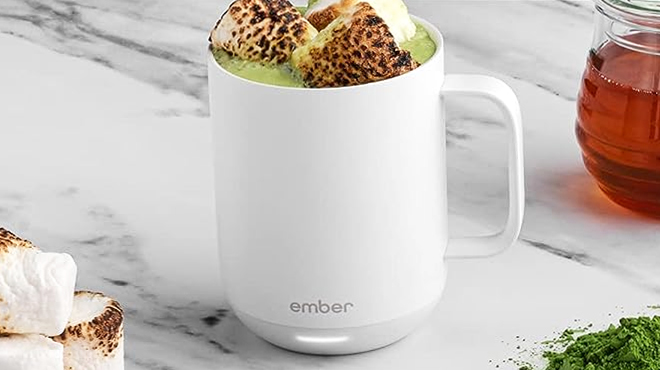 Ember Temperature Control Smart Mug 2 in White Color on a Kitchen Countertop