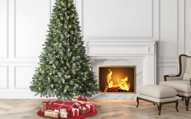 Evergreen Classics Pre Lit 7 5 Benton Pine Artificial Christmas Tree in the Living Room