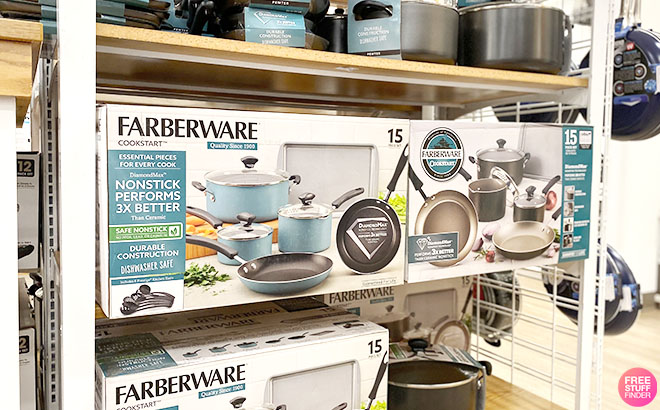 Farberware 15 Piece Cookware Set on a Shelf
