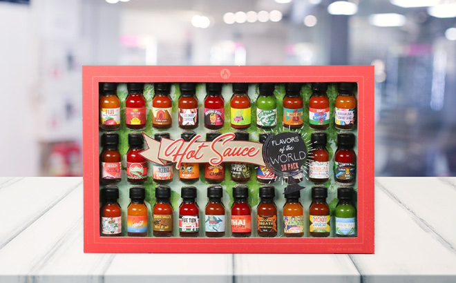 Flavors Of The World Hot Sauce 30 Pack on the Table
