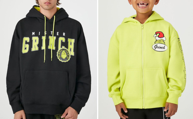 Forever 21 Mens Mister Grinch Graphic Hoodie and Kids Grinch Graphic Zip Up Hoodie