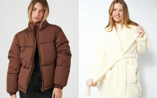 Forever 21 Womens Quilted Puffer Jacket and Plush Tie Waist Robe