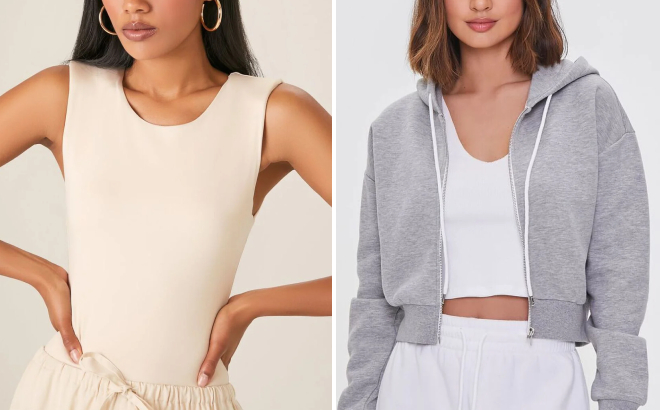 Forever 21 Womens Sleeveless Knit Bodysuit and Basic Fleece Zip Up Hoodie