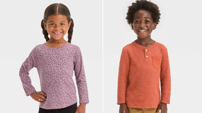 Girl Wearing Cat Jack Toddler Girls Leopard Long Sleeve T Shirt on the Left and a Boy Wearing a Cat Jack Toddler Boys Double Knit Long Sleeve Henley T Shirt