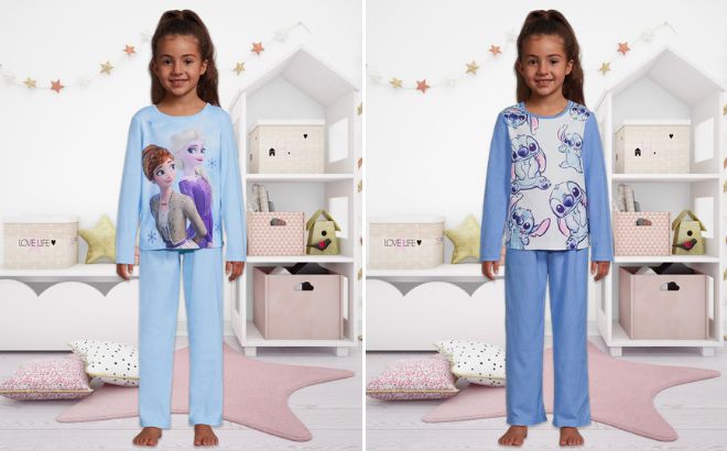 Girl is Wearing Character Long Sleeve Pajama Set in Elsa and Stitch Style