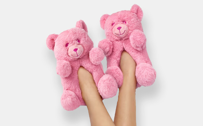 Girl is Wearing The Childrens Place Bear Faux Fur Slippers in Pink Color