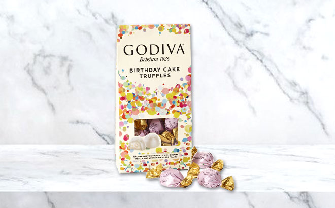 Godiva Birthday Cake Truffles on a Marbled Table