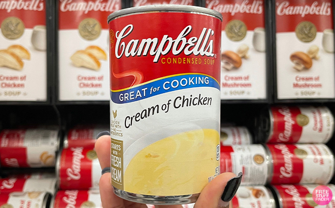 Hand Holding Campbells Condensed Cream of Chicken Soup Hand Holding Campbells Condensed Cream of Chicken Soup