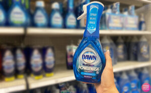 Hand Holding Dawn Fresh Scent Platinum Powerwash Dishwashing Liquid Dish Soap Spray in a Store Aisle