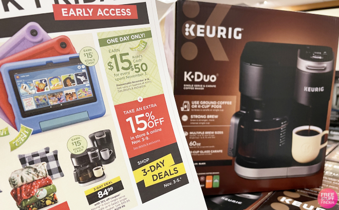 Hand Holding a Kohls Early Access Black Friday Ad Beside a Keurig K Duo Coffee MakerKeurig K Duo Coffee Maker