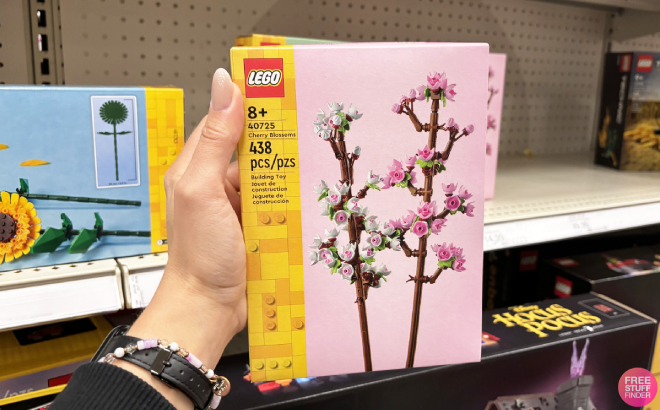 Hand Holding a LEGO Cherry Blossoms Building Set