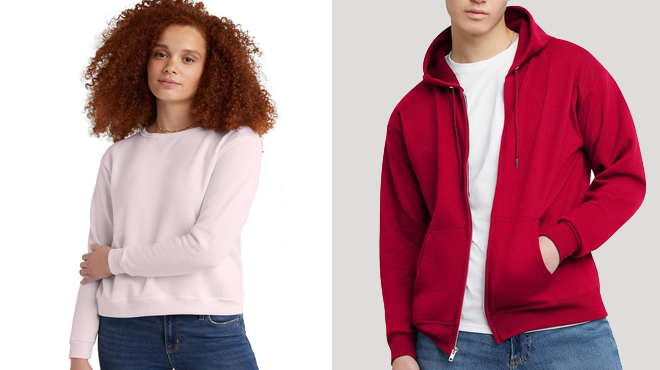 Hanes Womens Crewneck Sweatshirt and Hanes Mens Full Zip EcoSmart Hoodie