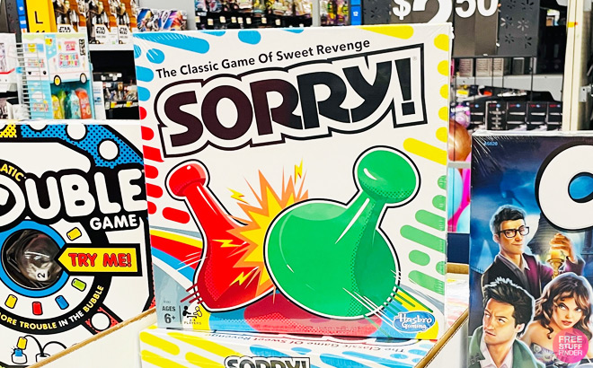 Hasbro Sorry Board Game at a Store with Other Board Games Around It