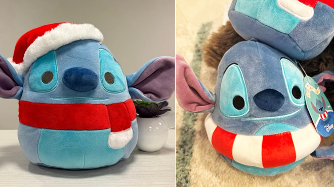 Holiday Disney Stitch Squishmallows 6 5 in santa stitch on the left and stictch with inner tube on the right