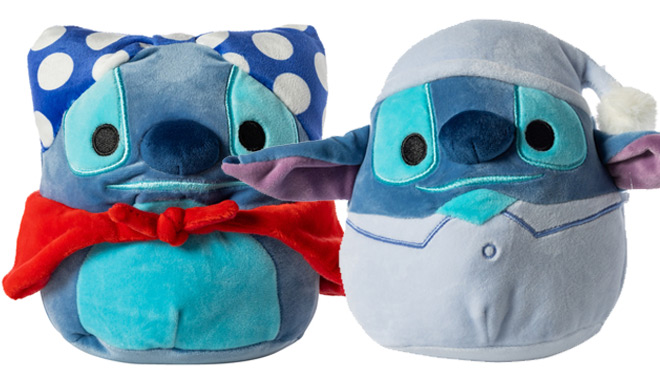 Holiday Disney Stitch Squishmallows 6 5 in stitch with hero costume on the left and Stitch in Pajamas on the right