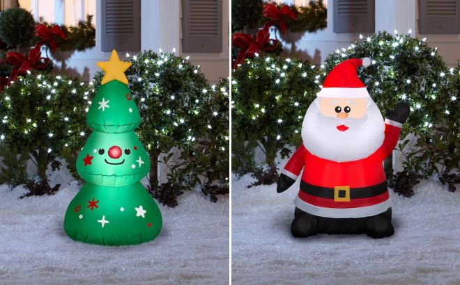 Holiday Living Chritmas Tree Inflatable on the Left Side and Holiday Living Santa Inflatable on the Right Side